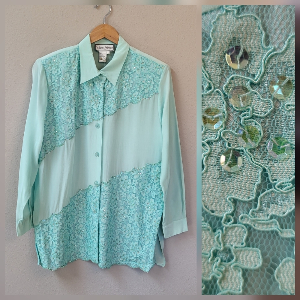 NWT Diane Gilman 100% Silk Button Up Tunic Blouse Large Blue Teal Lace Sequins